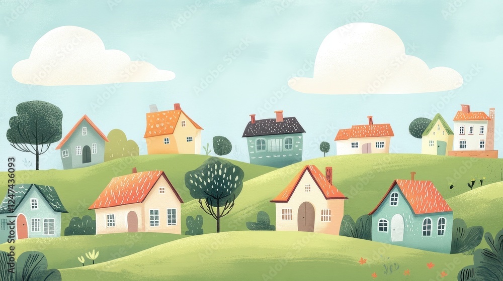 Naklejka premium Whimsical cartoon houses dot a rolling green landscape beautifully
