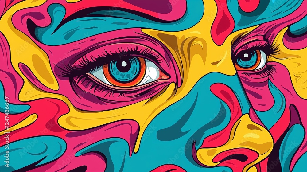 Fototapeta premium Retro 70s psychedelic digital art, doodle human face with oversized eyeball, surrounded by vivid colors and abstract patterns, creating a hippie trippy pop art vibe, seamless cartoon-style background 