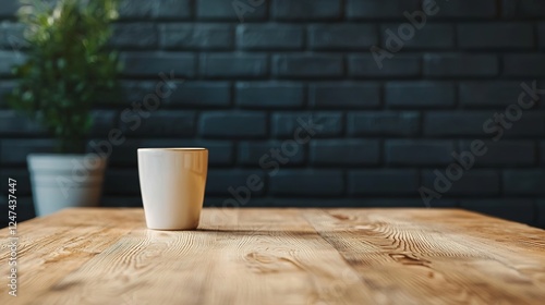 Rustic wood table in warm tones with soft selective focus, placed against a textured dark brick wall, creating a cozy and inviting backdrop photo