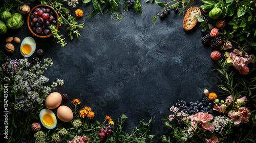 Wallpaper Mural Fresh produce, eggs, and flowers arranged around a dark textured surface. Torontodigital.ca