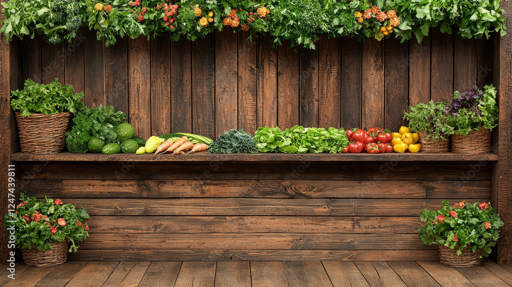 Fresh produce and flowers arranged on a wooden shelf, against a rustic wooden wall. Fresh produce and flowers arranged on a wooden shelf, against a rustic wooden wall.