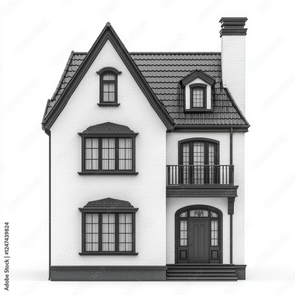 Fototapeta premium Monochrome rendering of a two-story house with steep roof, dormers, and balcony, isolated on white.
