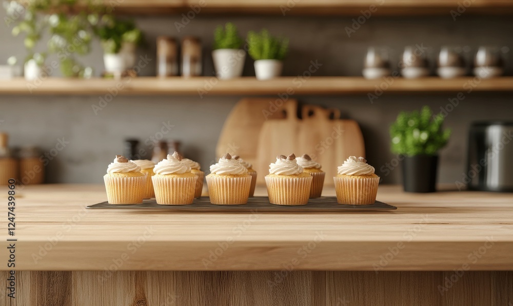 A modern kitchen counter with freshly baked cupcakes cooling on a rack, decorated with rustic wooden accents to create a cosy baking atmosphere A modern kitchen counter with freshly baked cupcakes cooling on a rack, decorated with rustic wooden accents to create a cosy baking atmosphere