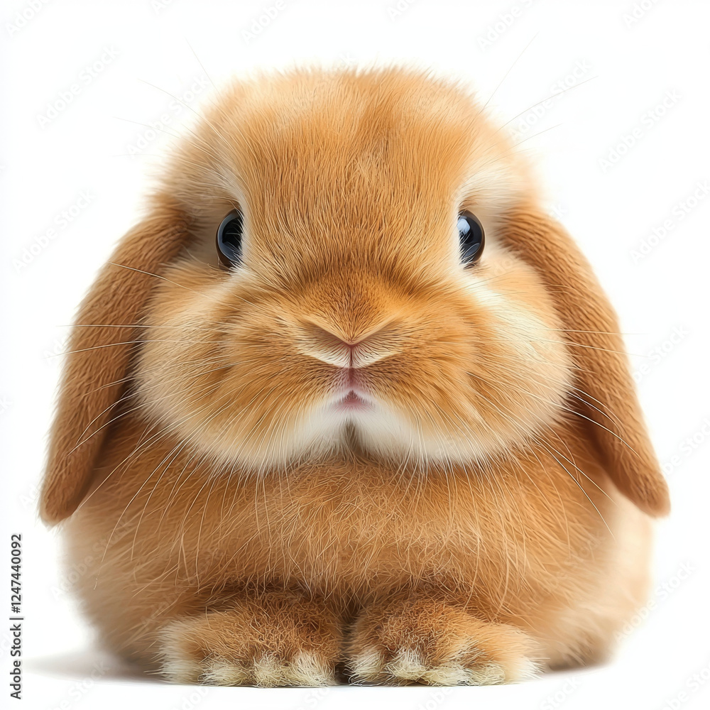 A fluffy, light brown bunny with adorable floppy ears and dark eyes sits against a clean white background, facing forward. A fluffy, light brown bunny with adorable floppy ears and dark eyes sits against a clean white background, facing forward.