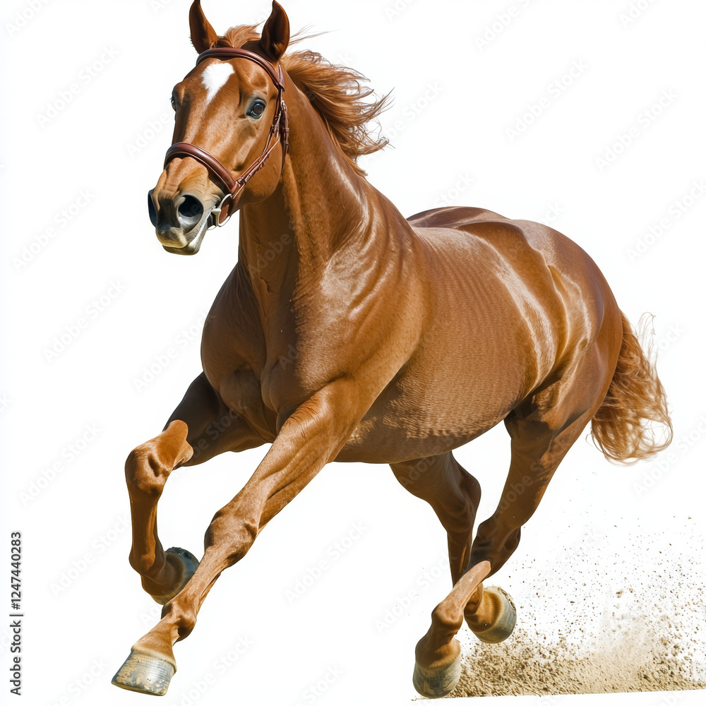 Obraz premium A chestnut horse with bridle gallops powerfully, kicking up dust against a bright, clear background.