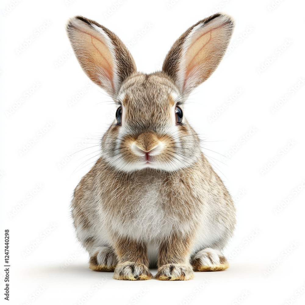 Obraz premium A fluffy, light brown bunny sits upright, gazing forward with its big, dark eyes against a plain white background.