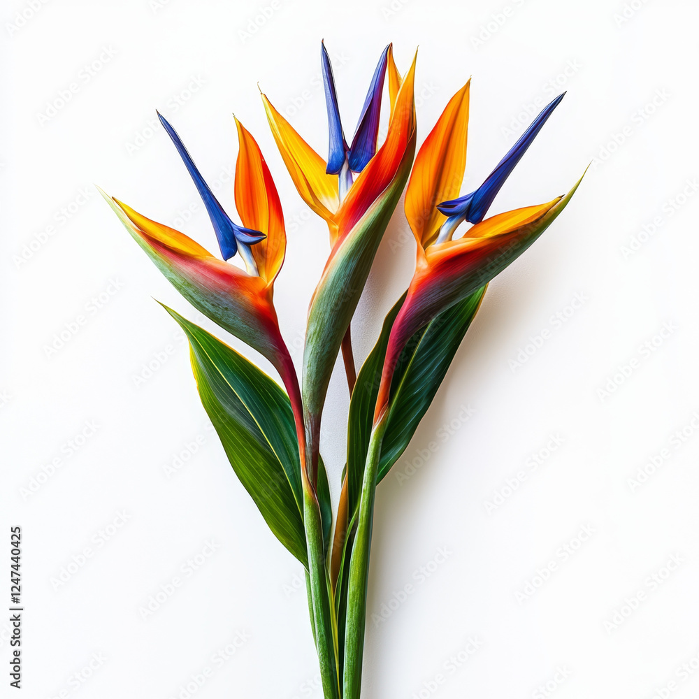Obraz premium Three vibrant bird of paradise flowers stand tall against a clean white background, showcasing their striking orange, yellow, and blue hues.