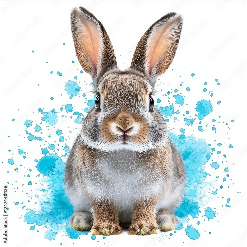 Fototapeta premium A cute rabbit sits against a backdrop of bright blue watercolor splashes.