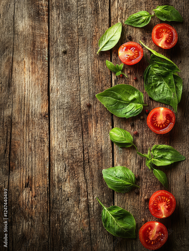 Ripe tomato halves and fresh basil leaves scattered on a rustic wooden surface with soft, natural light. Ripe tomato halves and fresh basil leaves scattered on a rustic wooden surface with soft, natural light.