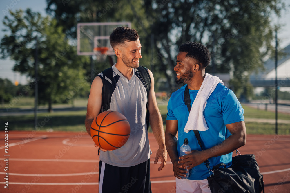 Two male basketball players talking after training outdoors Two male basketball players talking after training outdoors