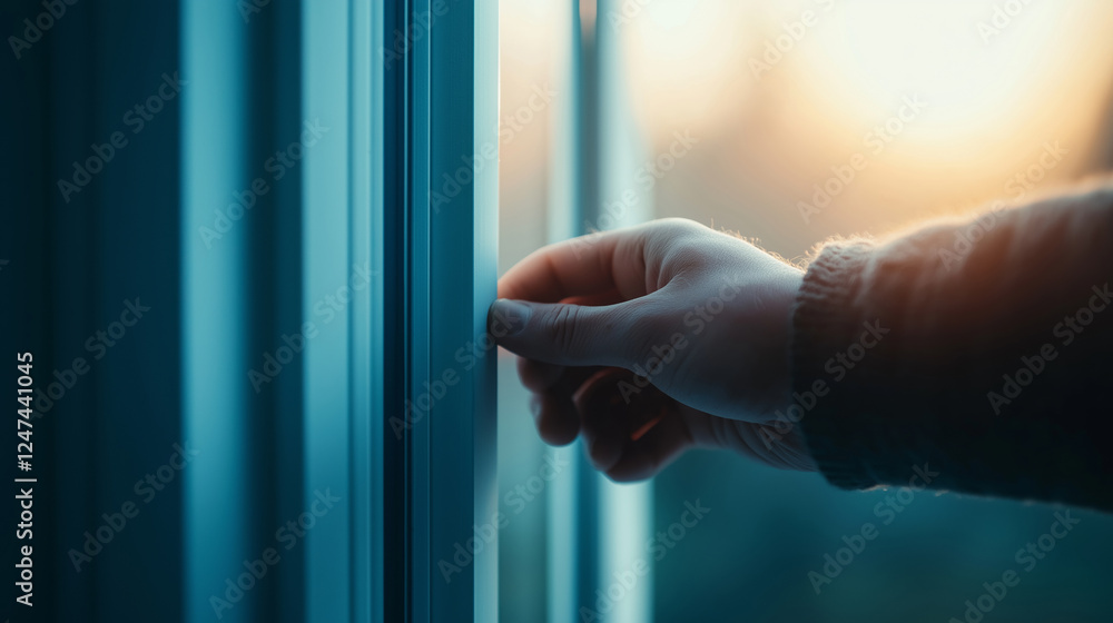 Fototapeta premium Ensuring the safety of a balcony door under moonlight in a tranquil urban setting