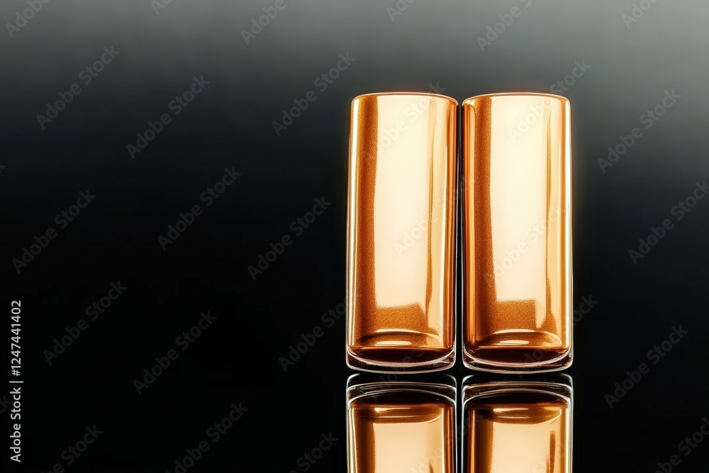 Two golden perfume bottles on black reflective surface Two golden perfume bottles on black reflective surface