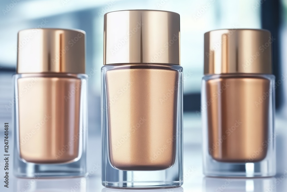 Three elegant foundation bottles on reflective surface Three elegant foundation bottles on reflective surface