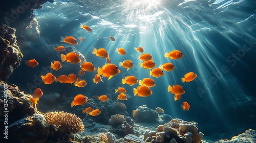 Sunlit Reef Fish School Coral Ocean Underwater photo