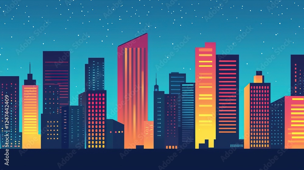 Naklejka premium Urban landscape illustration of a city at night with cartoon-style buildings, neon lights, shops, and a hotel balcony view, combining vibrant colors with a modern downtown feel