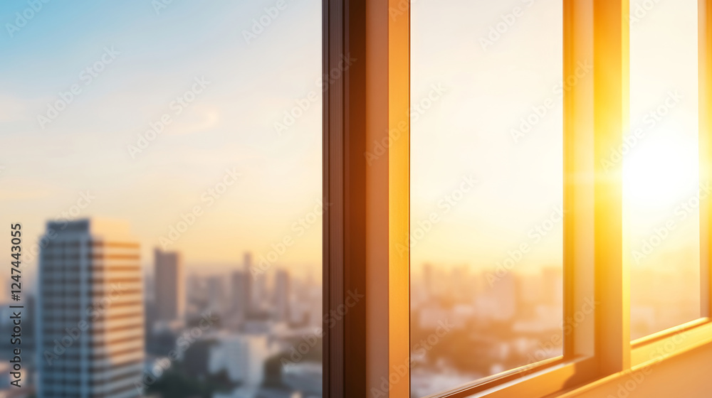 Modern window framing a breathtaking cityscape bathed in soft golden hour light, highlighting skyscrapers and vibrant streets below Modern window framing a breathtaking cityscape bathed in soft golden hour light, highlighting skyscrapers and vibrant streets below