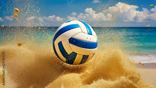 Wallpaper Mural The volleyball hit the sand and is flying through the air. Vacation on the coast, resort, seaside background, beautiful clouds, sunny. Torontodigital.ca