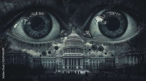 Giant eyes watching government building conspiracy theory illustration. Dystopian Underground Societies. Illustration photo