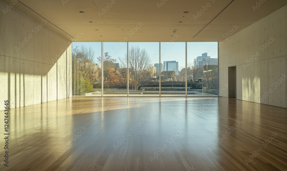 Empty Gallery Space with Oak wood floor and Light Concrete Walls. Bright modern interior with Large Windows Looking out to the City. Empty Gallery Space with Oak wood floor and Light Concrete Walls. Bright modern interior with Large Windows Looking out to the City.