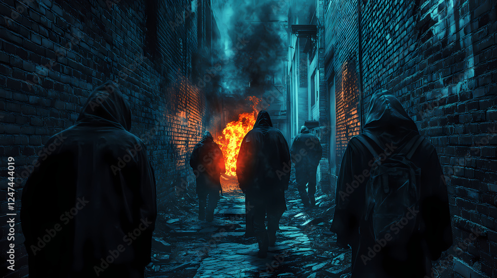 Hooded figures walk toward a fire in a dark, narrow alley between brick buildings. Dystopian Underground Societies. Illustration Hooded figures walk toward a fire in a dark, narrow alley between brick buildings. Dystopian Underground Societies. Illustration
