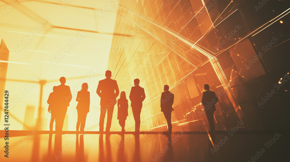 Fototapeta premium Group of business people silhouettes in modern office building and business network concept. Human resources with pastel innovation charts and graphs with statistics to analyze business 