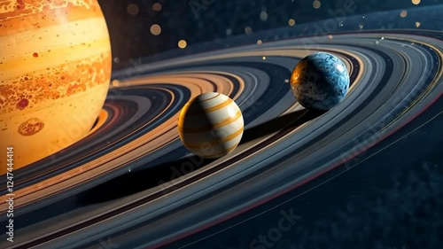 Rotation of planets in orbit. Stars, cosmic background.