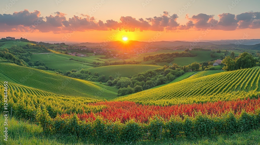 Sunrise over rolling hills vineyards Sunrise over rolling hills vineyards