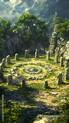 Ancient Ruins in a Mystical Landscape: Exploring Stone Circles and Historic Earthworks Amid Vibrant Grass, Mountains, and Sacred Trees Under Tranquil Sky and Sunlight
