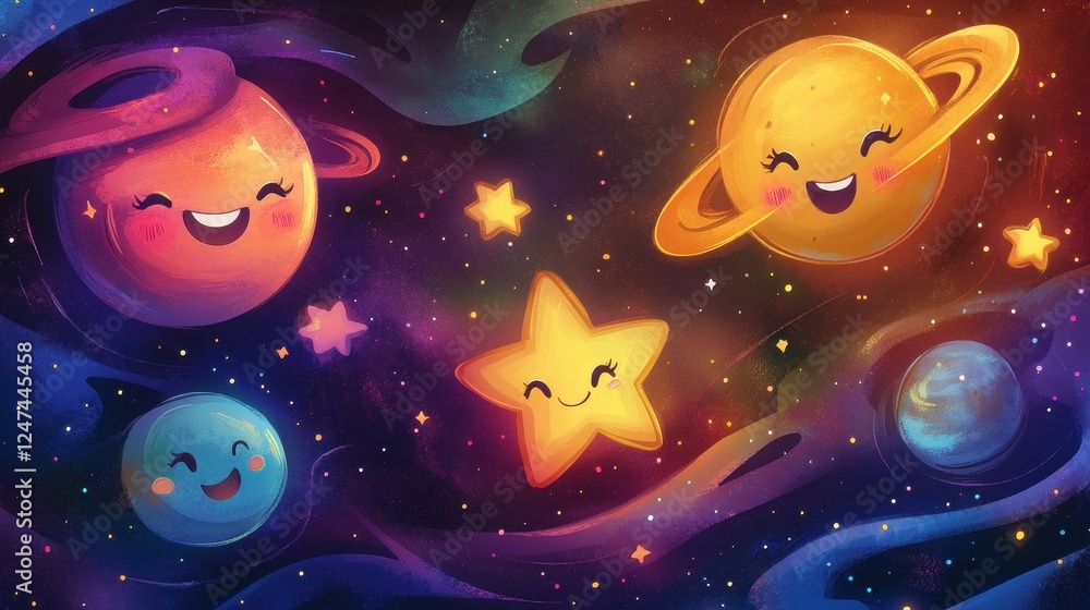 Cartoon space illustration featuring happy planets and stars Cartoon space illustration featuring happy planets and stars