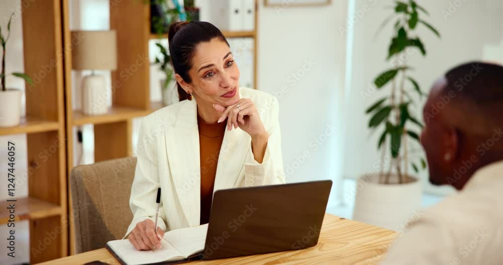 Interview, writing and businesswoman with candidate in office for meeting with recruitment process. Corporate, laptop and female hr manager with person for hiring review, feedback or discussion. Interview, writing and businesswoman with candidate in office for meeting with recruitment process. Corporate, laptop and female hr manager with person for hiring review, feedback or discussion.