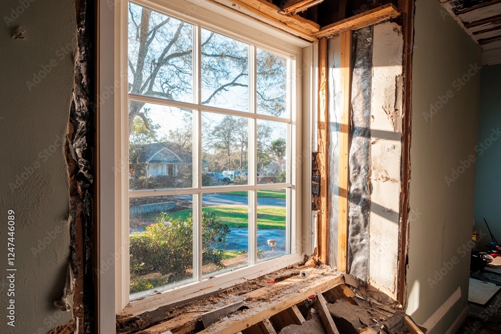 Sunlight pours into a charming home with a window under renovation in the afternoon Sunlight pours into a charming home with a window under renovation in the afternoon