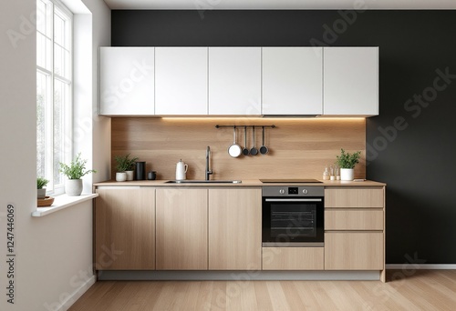 Obraz na płótnie Modern scandinavian kitchen interior with light wood cabinets, white upper storage and black accent wall. Minimalist home design with natural daylight. Space for cooking and dining w salonie