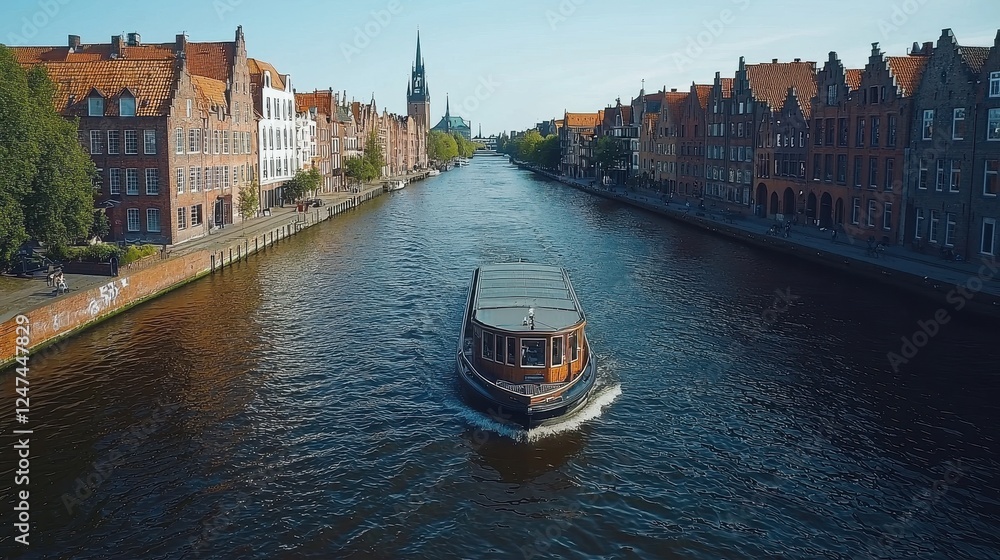 Obraz premium A boat navigates a serene canal lined with historic buildings and trees.