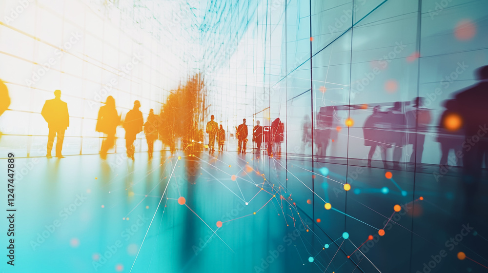 Obraz premium Group of business people silhouettes in modern office building and business network concept. Human resources with pastel innovation charts and graphs with statistics to analyze business 