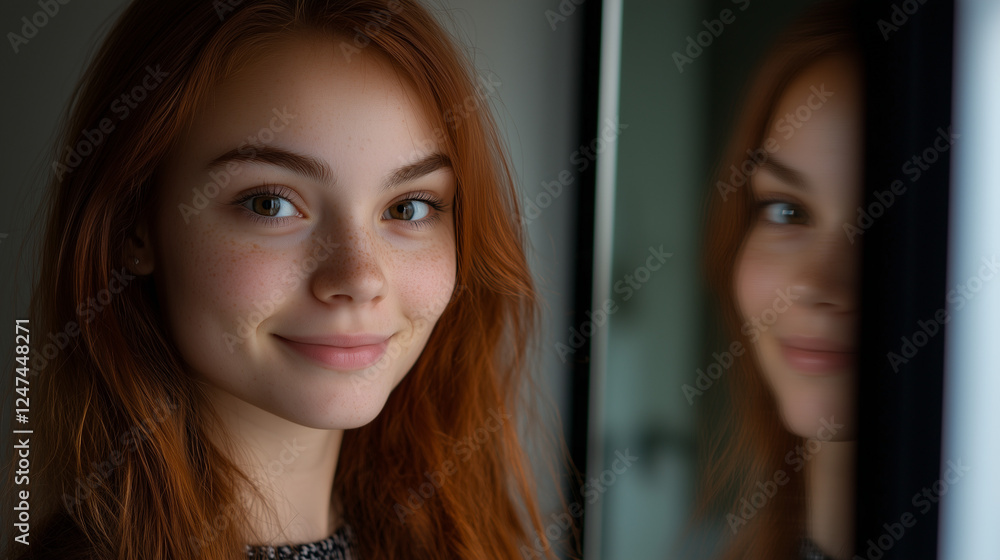 Young Redhead Woman Smiling at Herself in the Bathroom Mirror Young Redhead Woman Smiling at Herself in the Bathroom Mirror