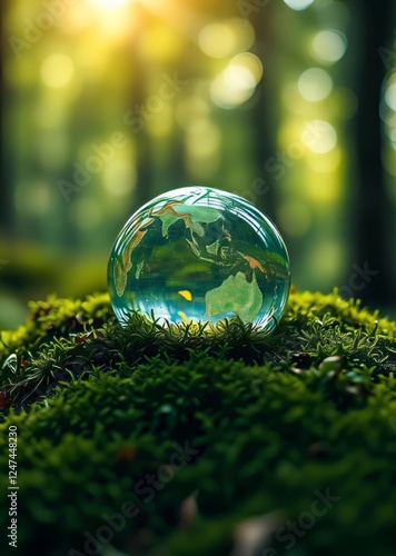 Environment glass globe on grass moss in forest - green planet with abstract defocused bokeh lights - environmental conservation concept bokeh green bokeh green abstract background light bright blur p