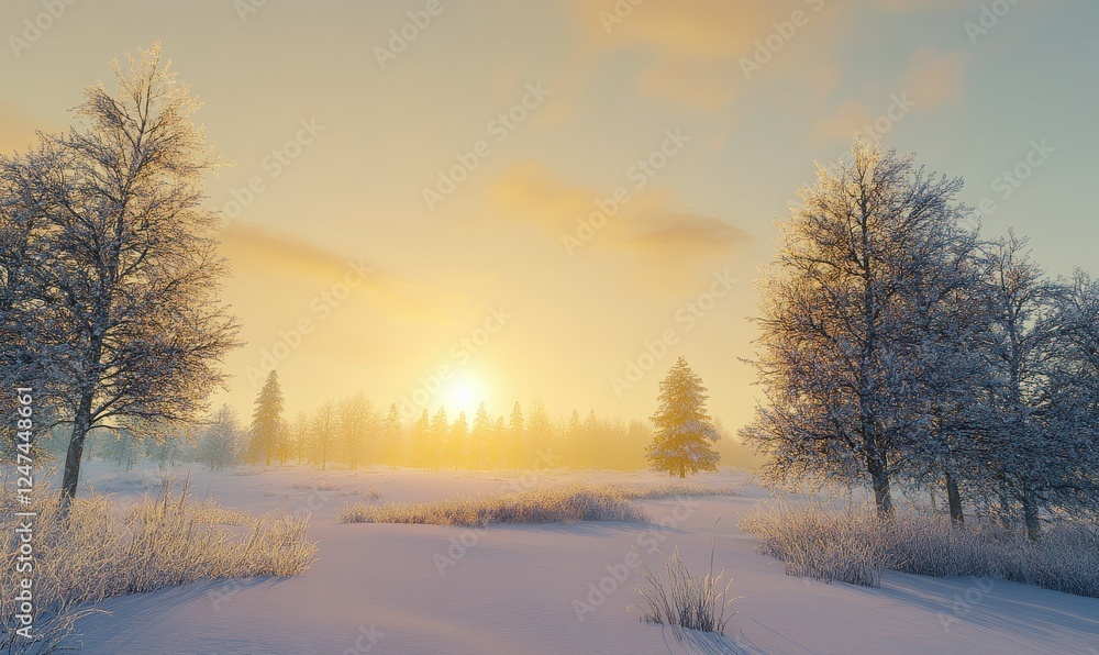 Golden sunset over snow-covered trees, with warm light glistening on frost-covered branches and a distant forest view, evoking winter tranquility Golden sunset over snow-covered trees, with warm light glistening on frost-covered branches and a distant forest view, evoking winter tranquility