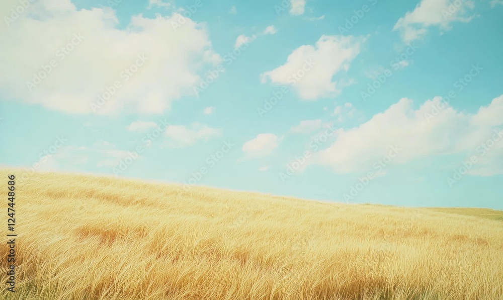 Golden wheat field gently swaying in the breeze under a soft blue sky, evoking a sense of rural tranquility and natural abundance Golden wheat field gently swaying in the breeze under a soft blue sky, evoking a sense of rural tranquility and natural abundance