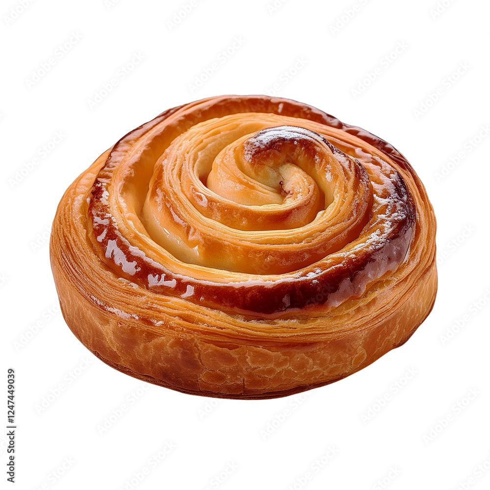 Fototapeta premium Golden Pastry Swirl: A delectable, golden-brown pastry swirl, baked to perfection, showcasing flaky layers and a glistening glaze. A tempting treat for breakfast, brunch, or dessert.