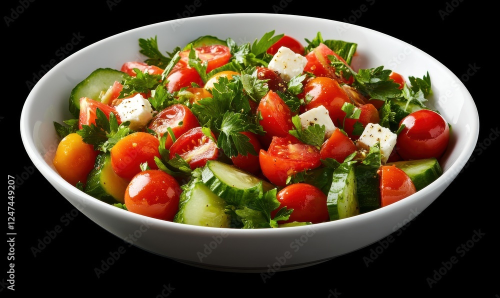 Bowl of vibrant Mediterranean salad with cherry tomatoes, cucumbers, feta, and olives, garnished with parsley for a healthy dining idea Bowl of vibrant Mediterranean salad with cherry tomatoes, cucumbers, feta, and olives, garnished with parsley for a healthy dining idea