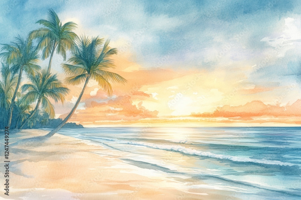 Peaceful sunset over a serene beach with palm trees swaying in the warm ocean breeze. Generative AI Peaceful sunset over a serene beach with palm trees swaying in the warm ocean breeze. Generative AI