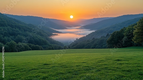 Sunrise valley landscape, lush green meadow, misty valley photo