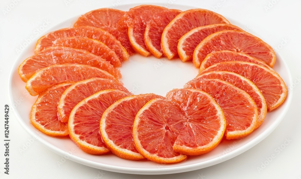 Juicy orange slices arranged in a circular pattern on a clean white plate, with their vibrant citrus hues radiating freshness Juicy orange slices arranged in a circular pattern on a clean white plate, with their vibrant citrus hues radiating freshness