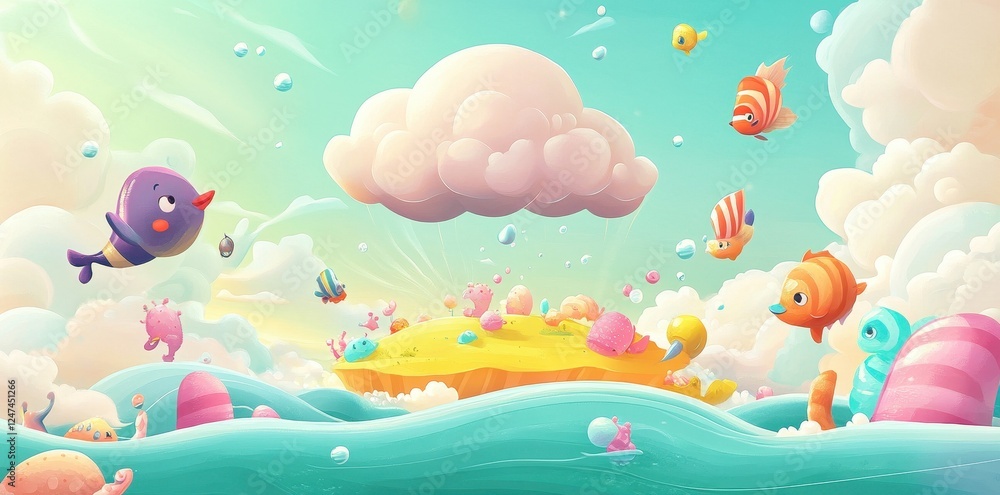 Whimsical Ocean Island Scene With Colorful Creatures Whimsical Ocean Island Scene With Colorful Creatures