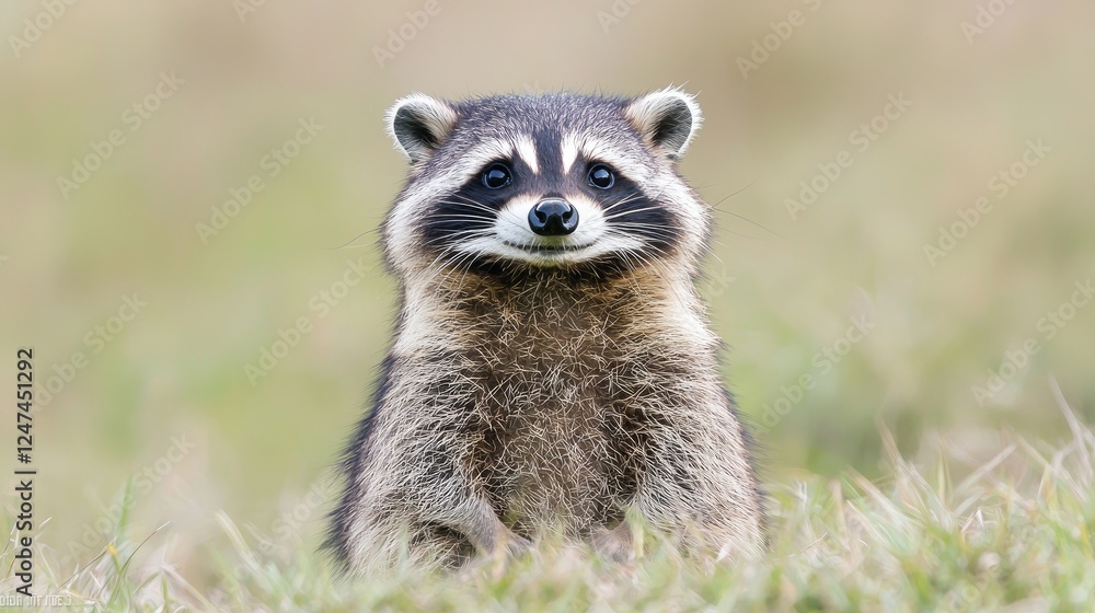 Curious raccoon sitting in grass, nature background, wildlife photo Curious raccoon sitting in grass, nature background, wildlife photo