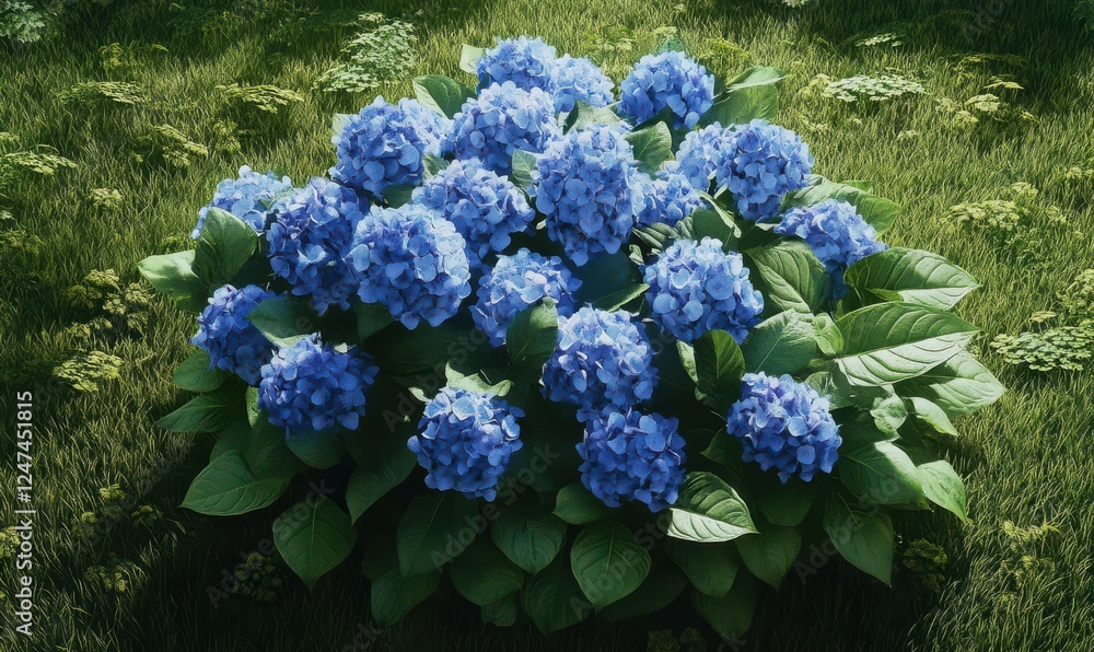 Cluster of blue hydrangeas in full bloom, captured with vivid detail against a lush green background for a serene and botanical vibe Cluster of blue hydrangeas in full bloom, captured with vivid detail against a lush green background for a serene and botanical vibe