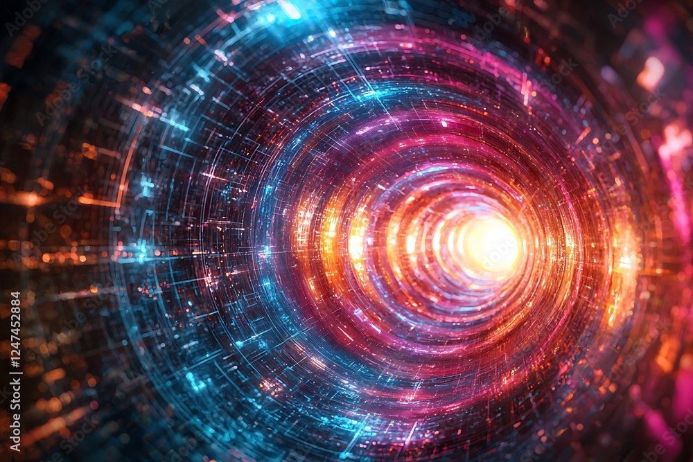 Abstract tunnel with light rays and glowing neon elements, representing futuristic technology Abstract tunnel with light rays and glowing neon elements, representing futuristic technology
