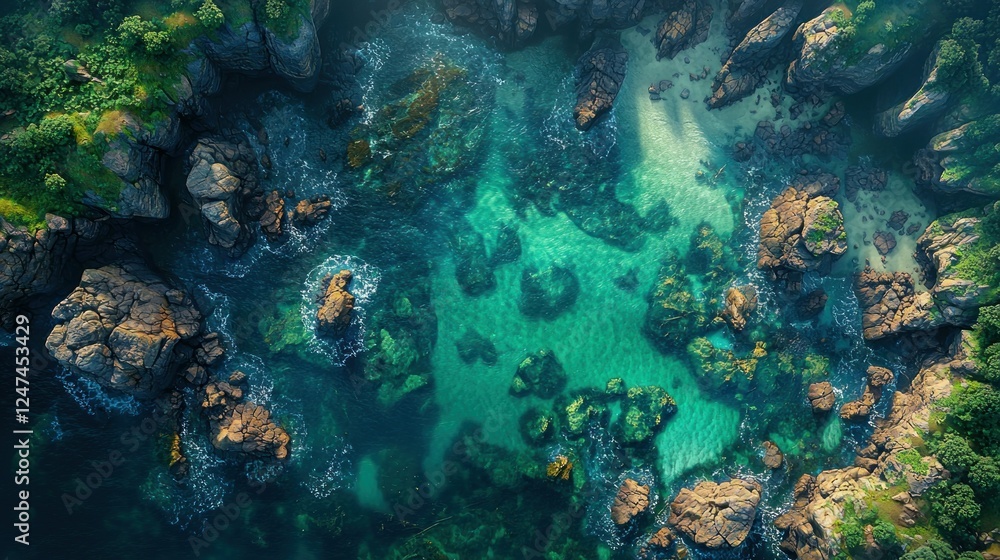 Fototapeta premium Aerial view of secluded cove, turquoise water, rocky coast, lush greenery