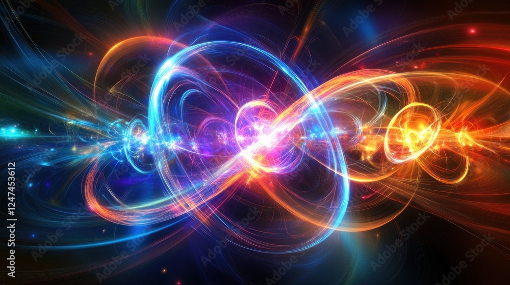 Vibrant energy waves collide, cosmic background, digital art, technology Vibrant energy waves collide, cosmic background, digital art, technology