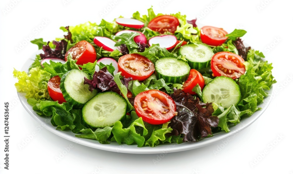 Crisp, colorful salad with fresh greens, cherry tomatoes, cucumbers, and radishes, styled on a white plate against a clean, textured background Crisp, colorful salad with fresh greens, cherry tomatoes, cucumbers, and radishes, styled on a white plate against a clean, textured background
